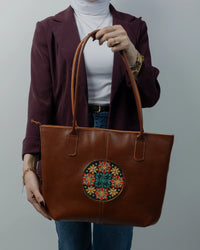 Honey Leather Embroidered Shoulder Bag