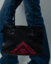 Black Leather Embroidered Shoulder Bag
