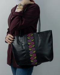 Black Leather Embroidered Shoulder Bag