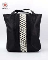 Black Leather Embroidered Tote Bag