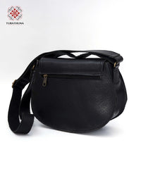Black Handcrafted Leather Bag with Palestinian Embroidery