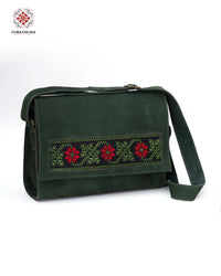 Elegant Green Leather crossbody bag with Palestinian Embroidery