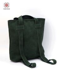 Green Leather Backpack with Palestinian Embroidery
