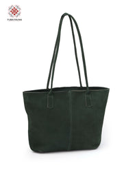 Green Leather Bag with Palestinian Cross-Stitch Embroidery