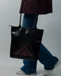 Black Leather Bag with Intricate Palestinian Embroidery
