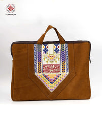 Honey Leather Laptop Bag with Palestinian Embroidery