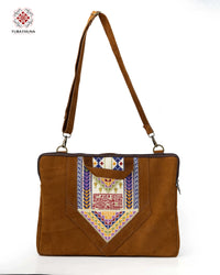 Honey Leather Laptop Bag with Palestinian Embroidery