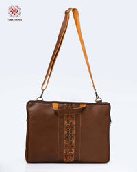 Elegant Honey Leather Laptop Bag with Bedouin Embroidery