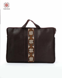 Distinguished Brown Leather Laptop Bag with Palestinian Embroidery