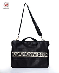 Black Leather Embroidered Laptop Bag