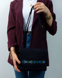Navy Leather Embroidered Crossbody Bag