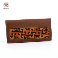 Brown Leather Embroidered Long Wallet