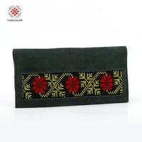 Olive Green Leather Embroidered Long Wallet