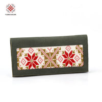 Olive Green Leather Embroidered Long Wallet