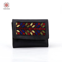Black Leather Embroidered Compact Wallet