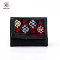 Black Leather Embroidered Compact Wallet