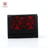 Black Leather Embroidered Compact Wallet