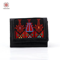 Black Leather Embroidered Compact Wallet