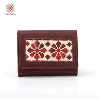 Red Leather Embroidered Compact Wallet