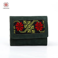 Olive Green Leather Embroidered Compact Wallet