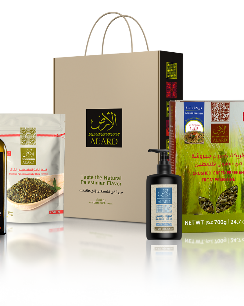 Extra virgin olive oil 500ml, 500g Za'atar thyme, 250ml liquid soap, freekeh 700g
