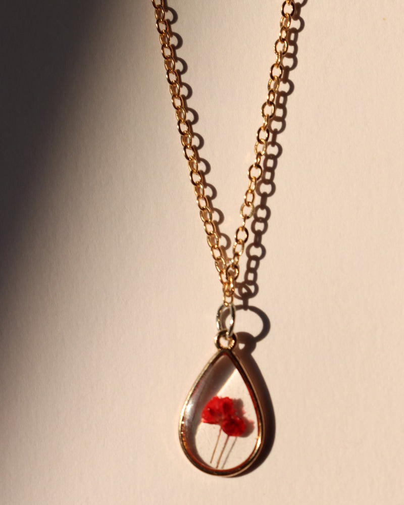 Resin Necklace - Red Damask (Joury) Rose, Teardrop