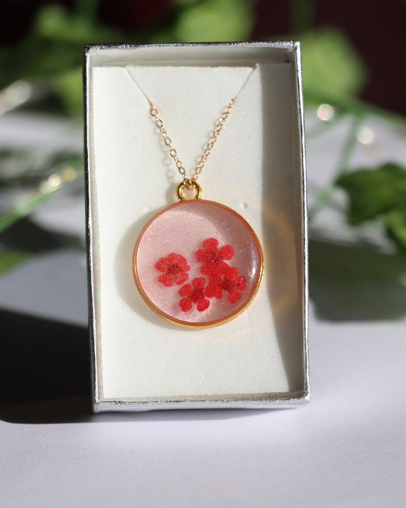 Resin Necklace - Red Damask (Joury) Rose, Round Cluster