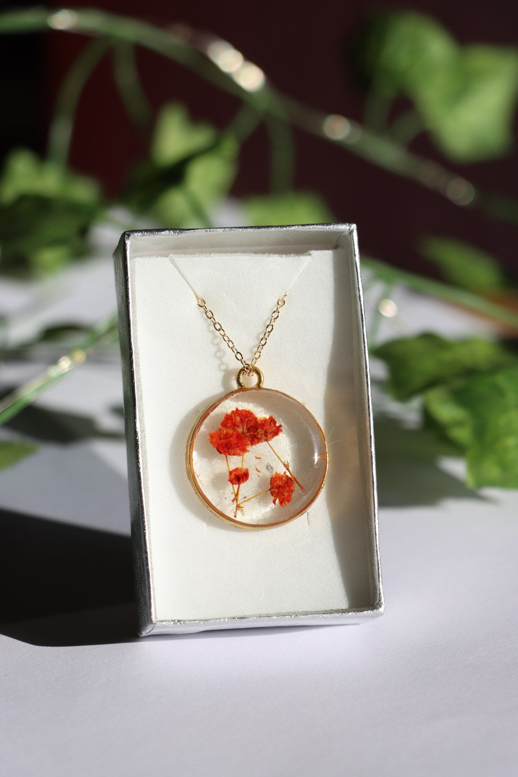 Resin Necklace - Soft Red Rose