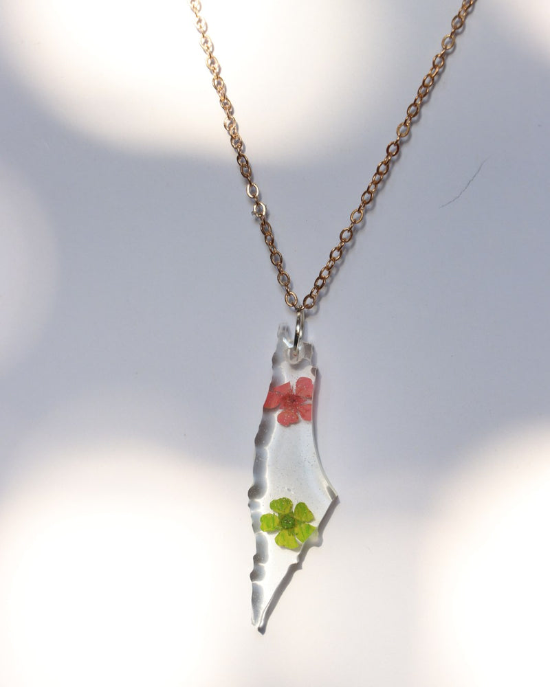 Resin Palestine Map Necklace - Apricot & Green Flowers