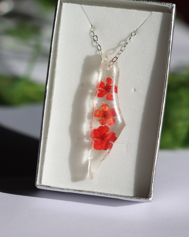 Resin Palestine Map Necklace - Dark Red Flowers