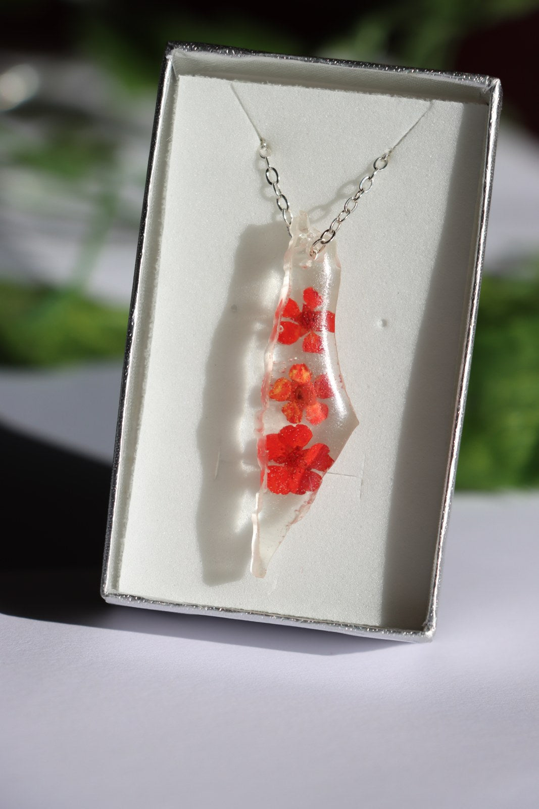 Resin Palestine Map  Necklace- Dark Red Flowers