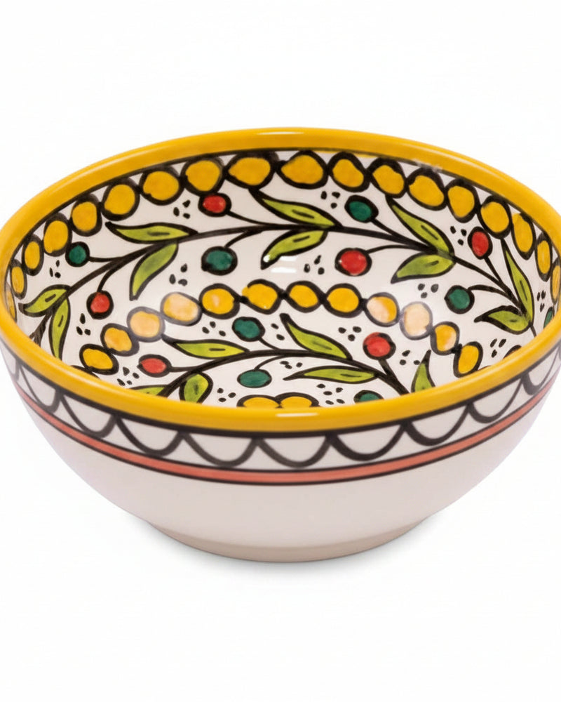 Yellow-Rim Olive Vine Hand-Painted Hebron Ceramic Bowl