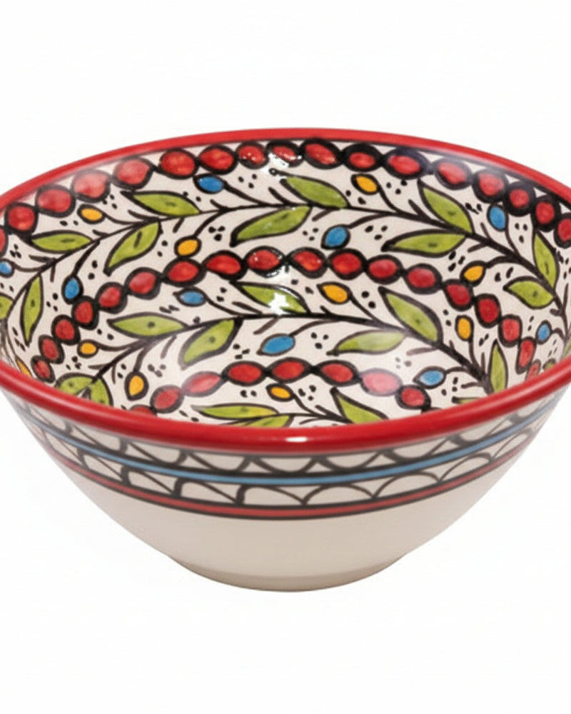 Red Olive Branch Vine Hand-Painted Hebron Ceramic Bowl