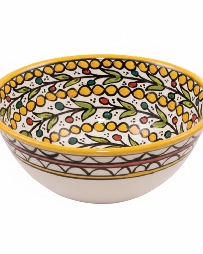 Yellow-Rim Berry Vine Hand-Painted Hebron Ceramic Bowl