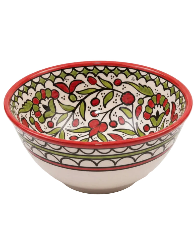 Red & Green Floral Vine Hand-Painted Hebron Ceramic Bowl