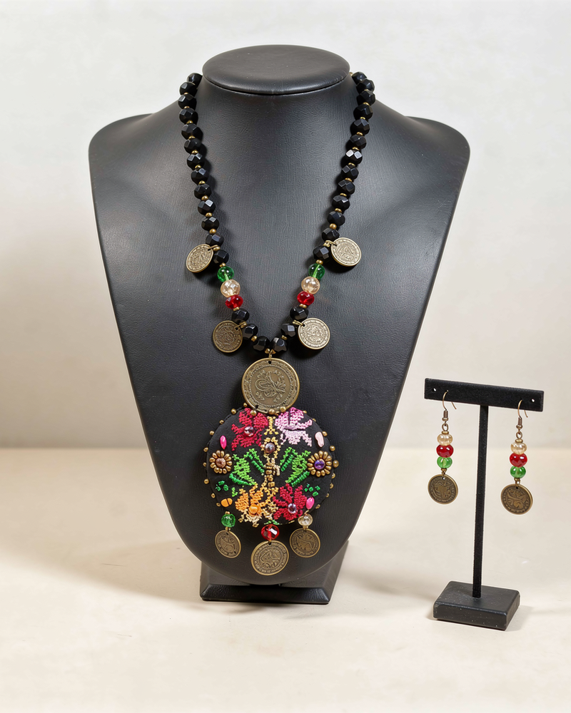 Black Beaded Floral Round Pendant Necklace and Earrings Set