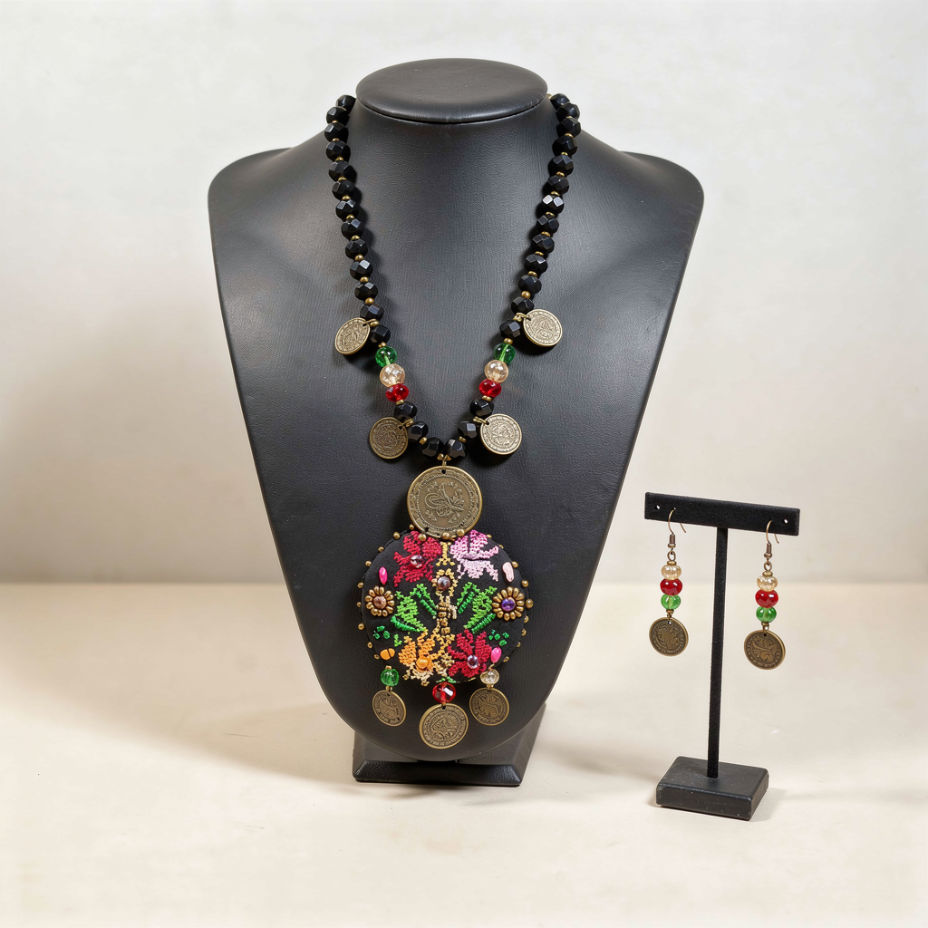 Black Beaded Floral Round Pendant Necklace and Earrings Set