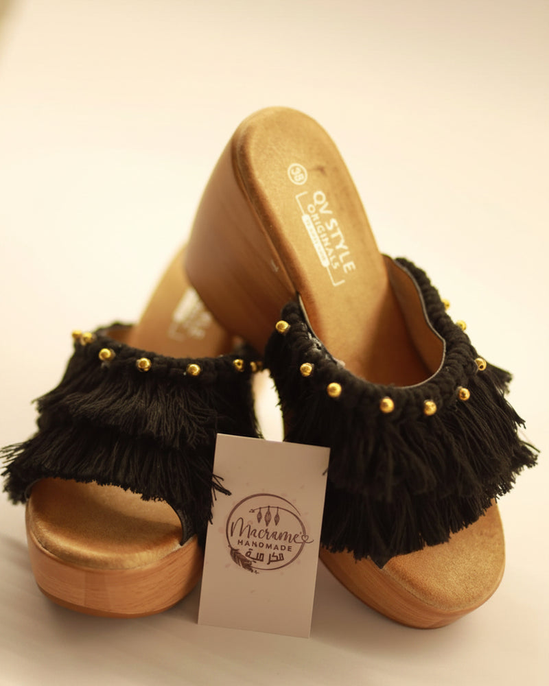 Black Macramé Sandals with Gold Studs