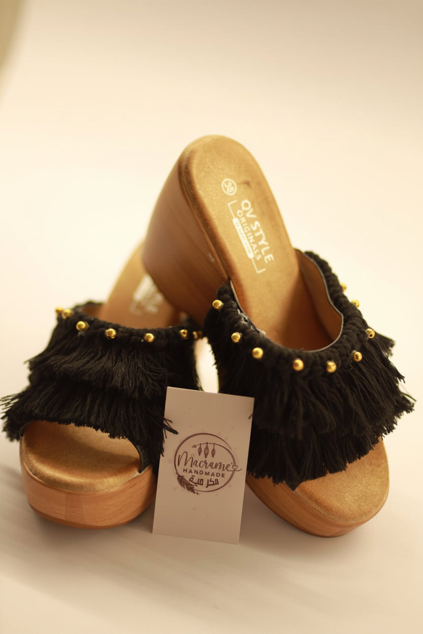 Black Macramé Sandals with Gold Studs