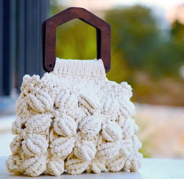 Bloom-Stitch Macramé Handbag with Wooden Handles
