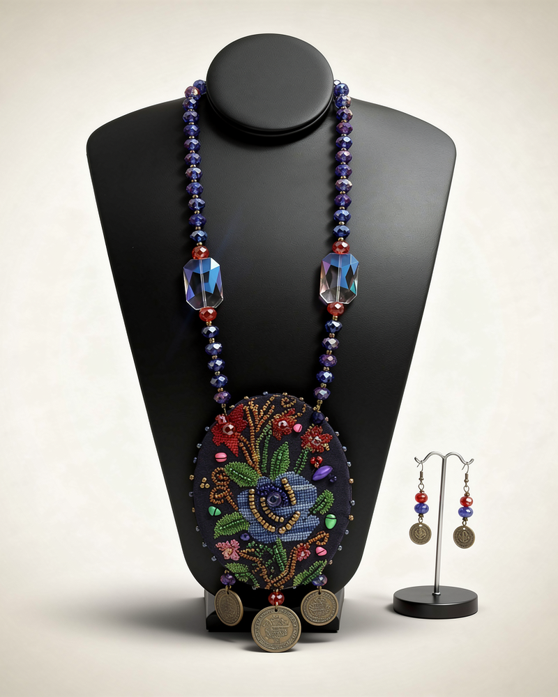 Blue Beaded Floral Oval Pendant Necklace and Earrings Set