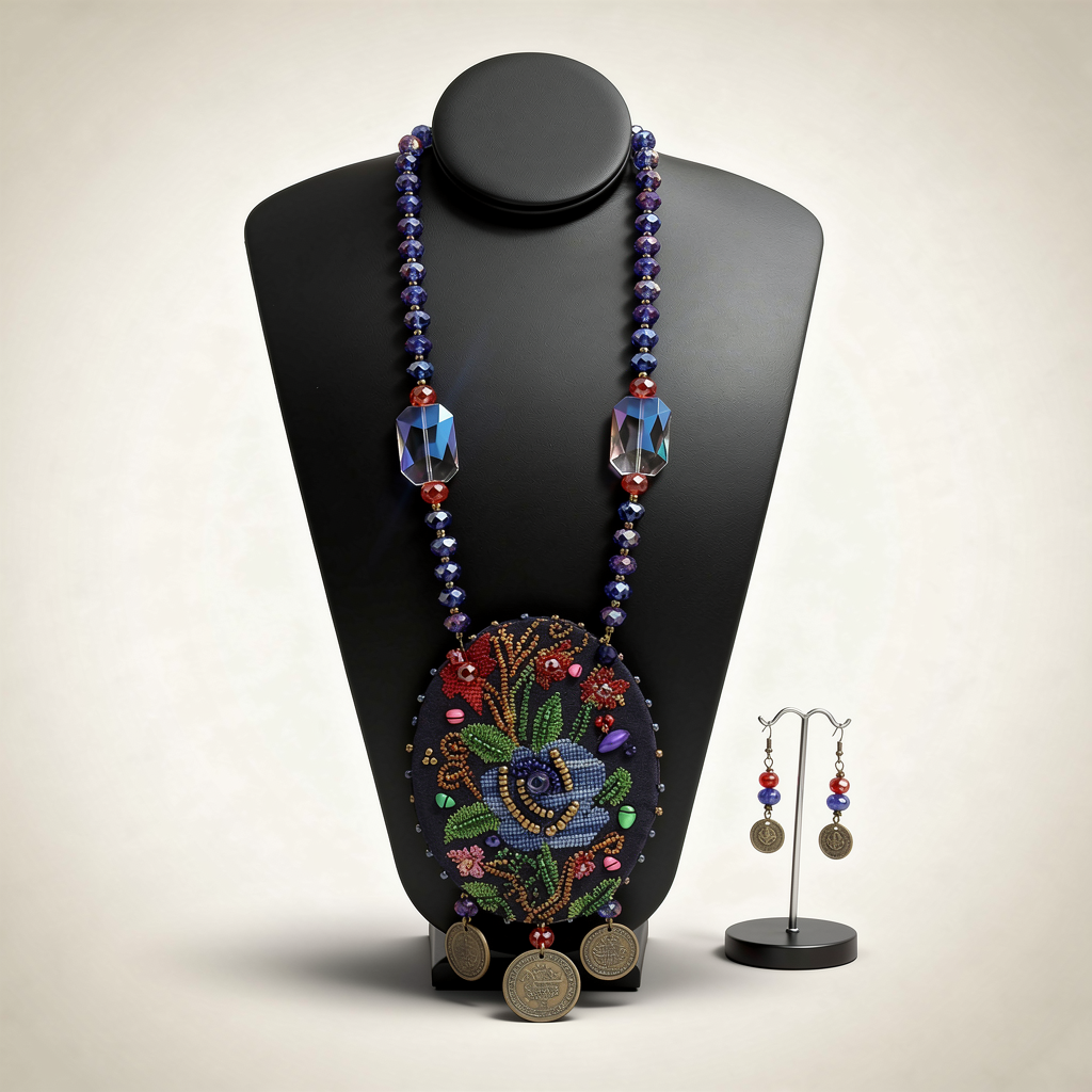 Blue Beaded Floral Oval Pendant Necklace and Earrings Set