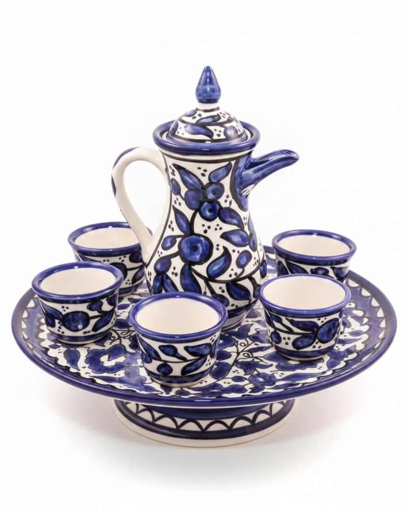 Blue & White Hand-Painted Hebron Ceramic 7-Piece Arabic Coffee Set