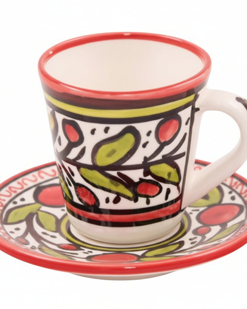 Red-Rim Olive-Branch Hand-Painted Hebron Ceramic Coffee Cup & Saucer