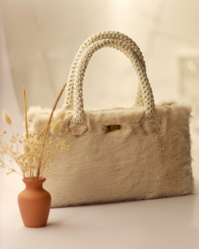 Cream Fuzzy Macramé Handbag