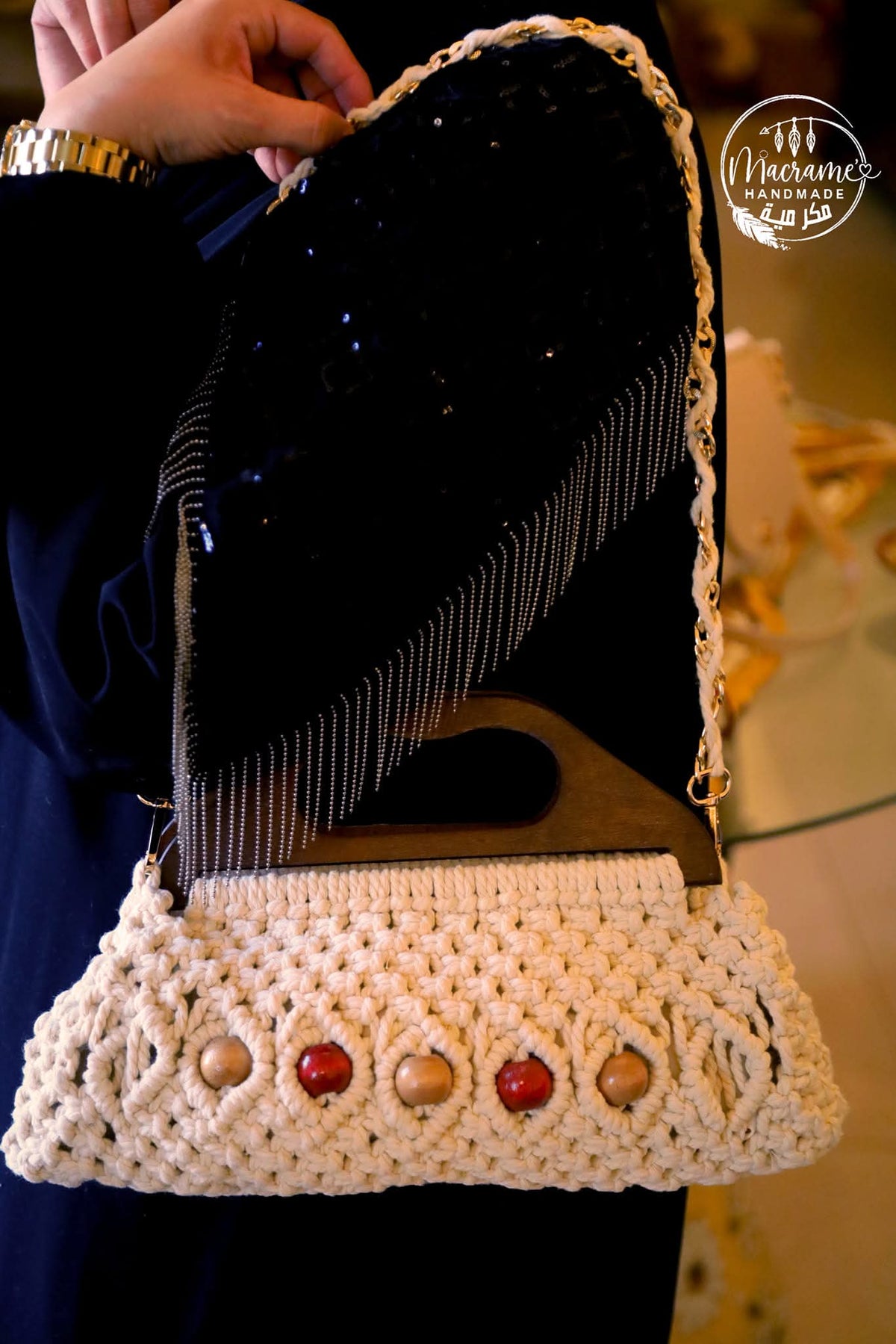 Cream Macramé Clutch with Coloured Beads