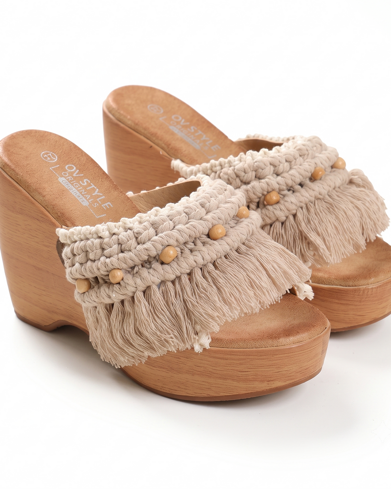 Cream Macramé Fringe Sandals (Wooden Sole)