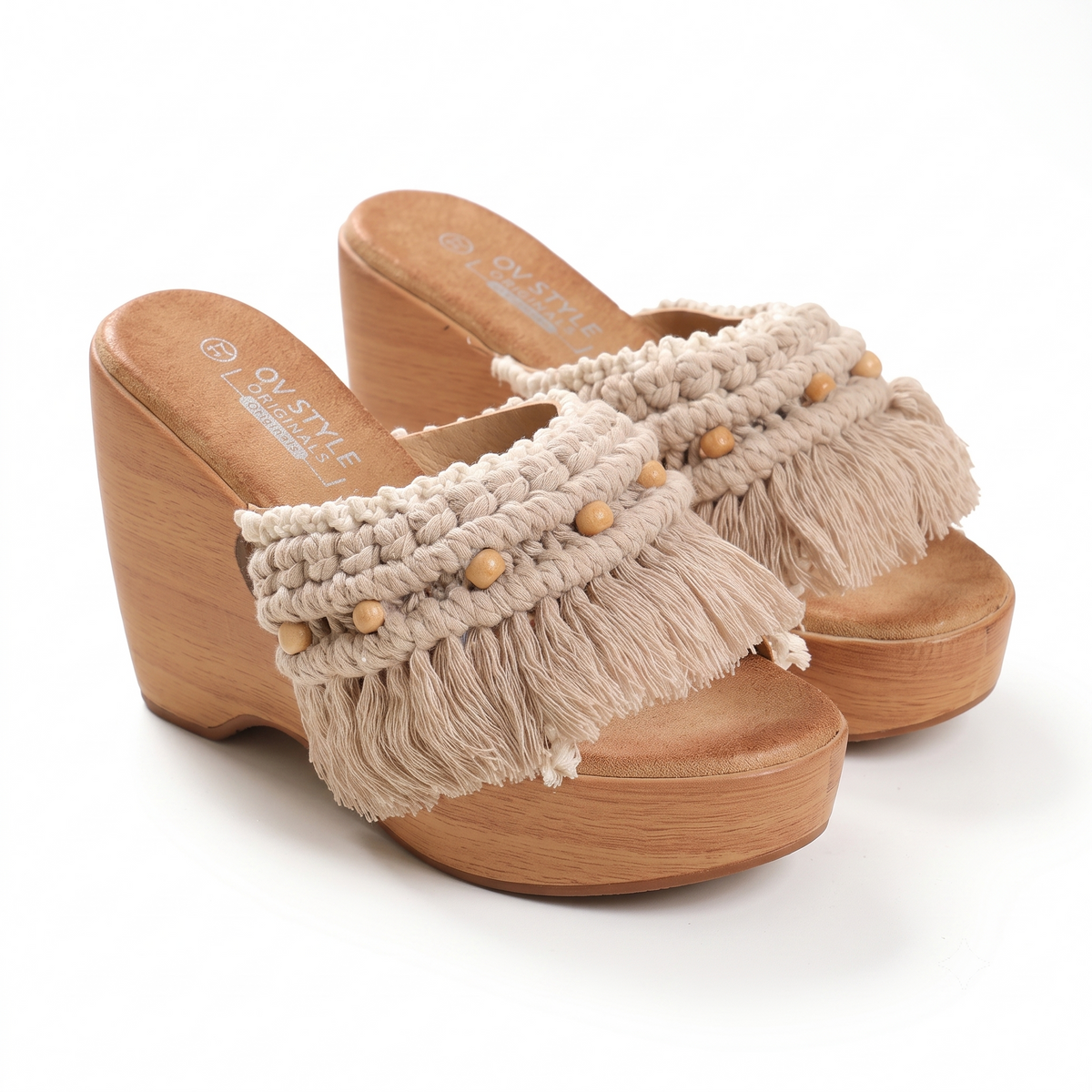 Cream Macramé Fringe Sandals (Wooden Sole)