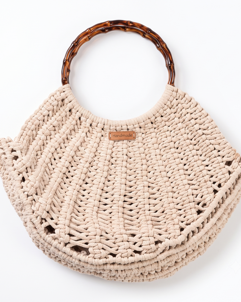 Cream Macramé Round-Handle Bag