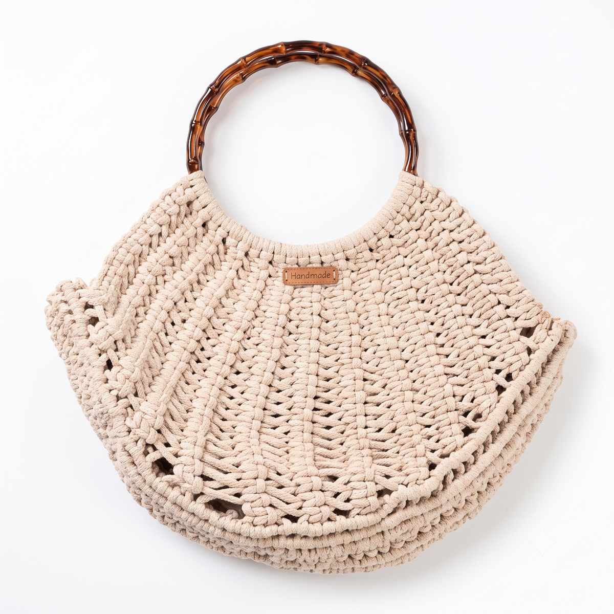 Cream Macramé Round-Handle Bag